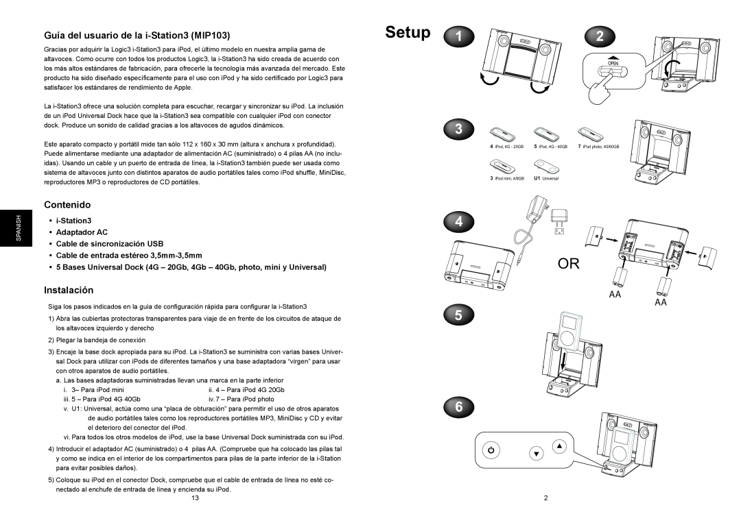 Logic 3 Logic3 Guía del usuario de la i-Station3MIP103, Contenido, Instalación, Aa Aa, i-Station3 Adaptador AC, Setup 