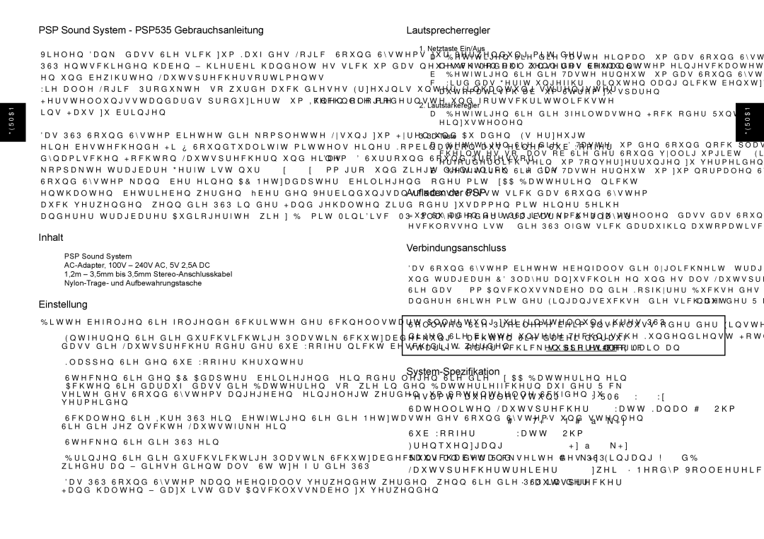 Logic 3 INSTRUCTION MANUAL, PSP 535 PSP Sound System PSP535 Gebrauchsanleitung, Inhalt, Einstellung, Lautsprecherregler 