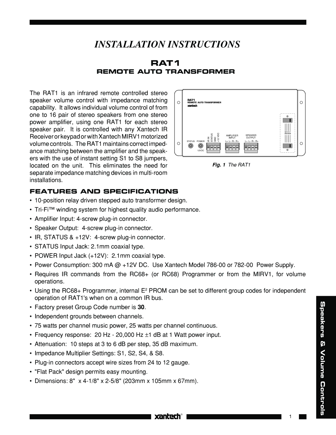 Logic 3 RAT 1 specifications Remote Auto Transformer, Features and Specifications 