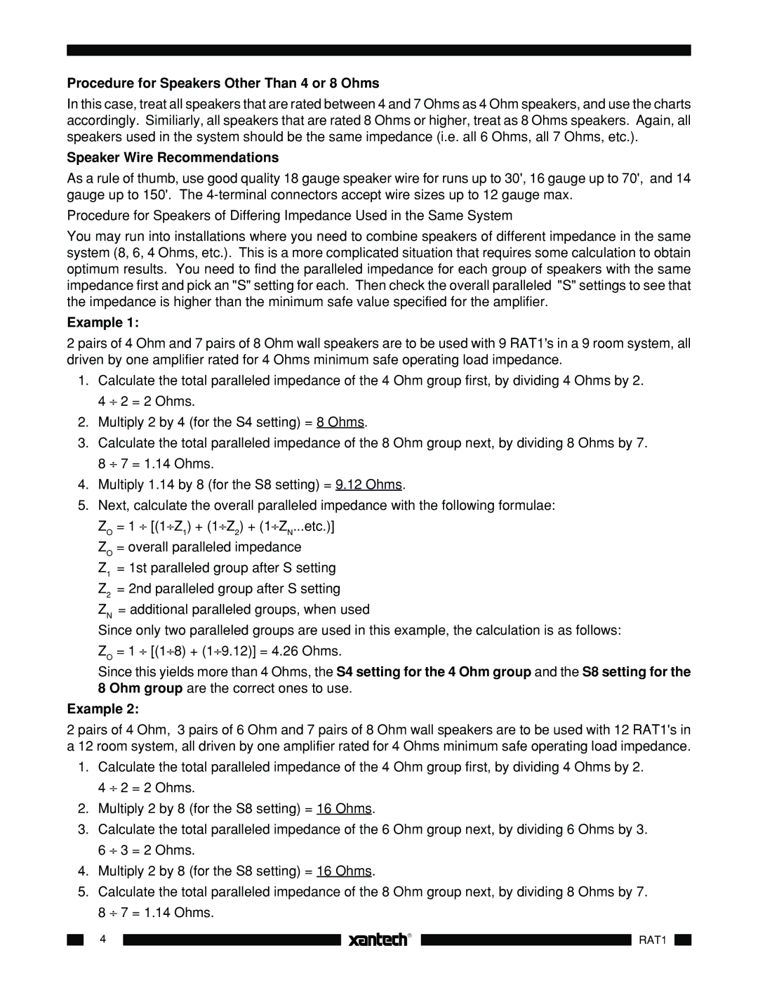 Logic 3 RAT 1 specifications Procedure for Speakers Other Than 4 or 8 Ohms, Speaker Wire Recommendations 