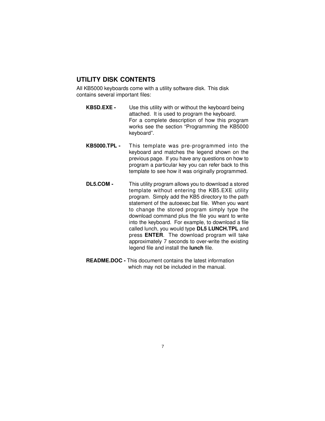 Logic Controls KB5000 user manual Utility Disk Contents 