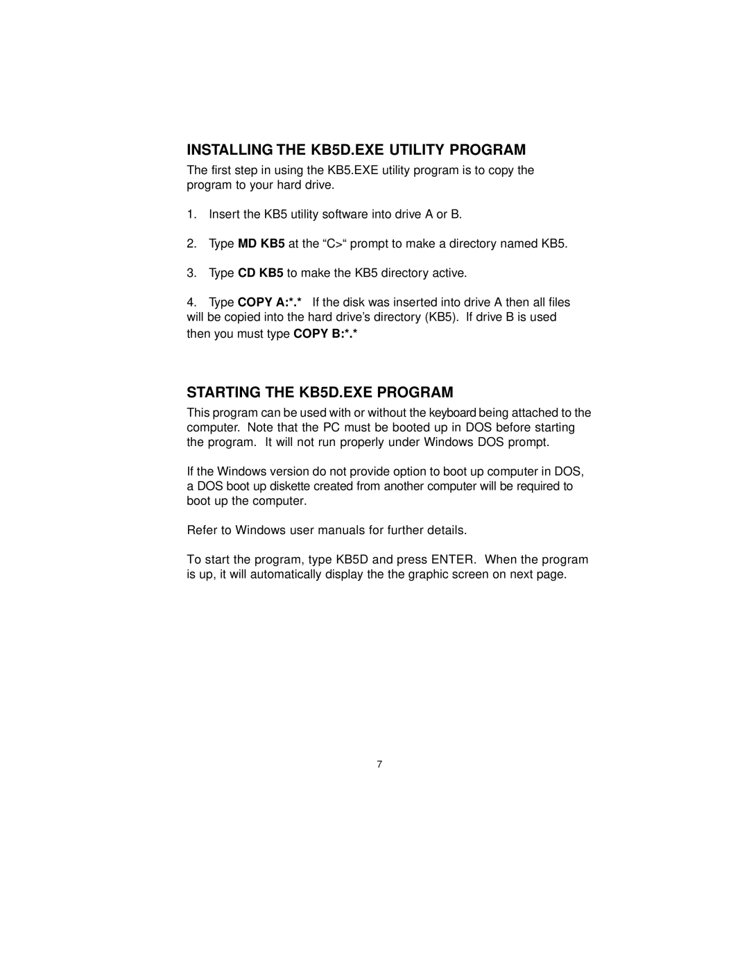 Logic Controls KB5000 user manual Installing the KB5D.EXE Utility Program, Starting the KB5D.EXE Program 