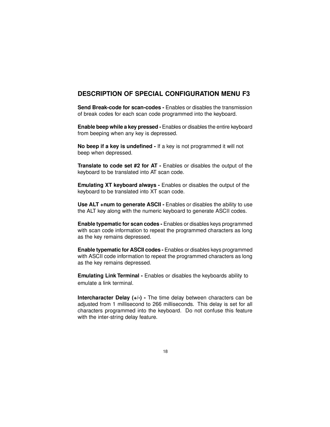 Logic Controls KB5000 user manual Description of Special Configuration Menu F3 