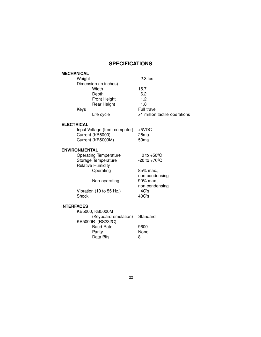 Logic Controls KB5000 user manual Specifications, Mechanical, Electrical, Environmental, Interfaces 