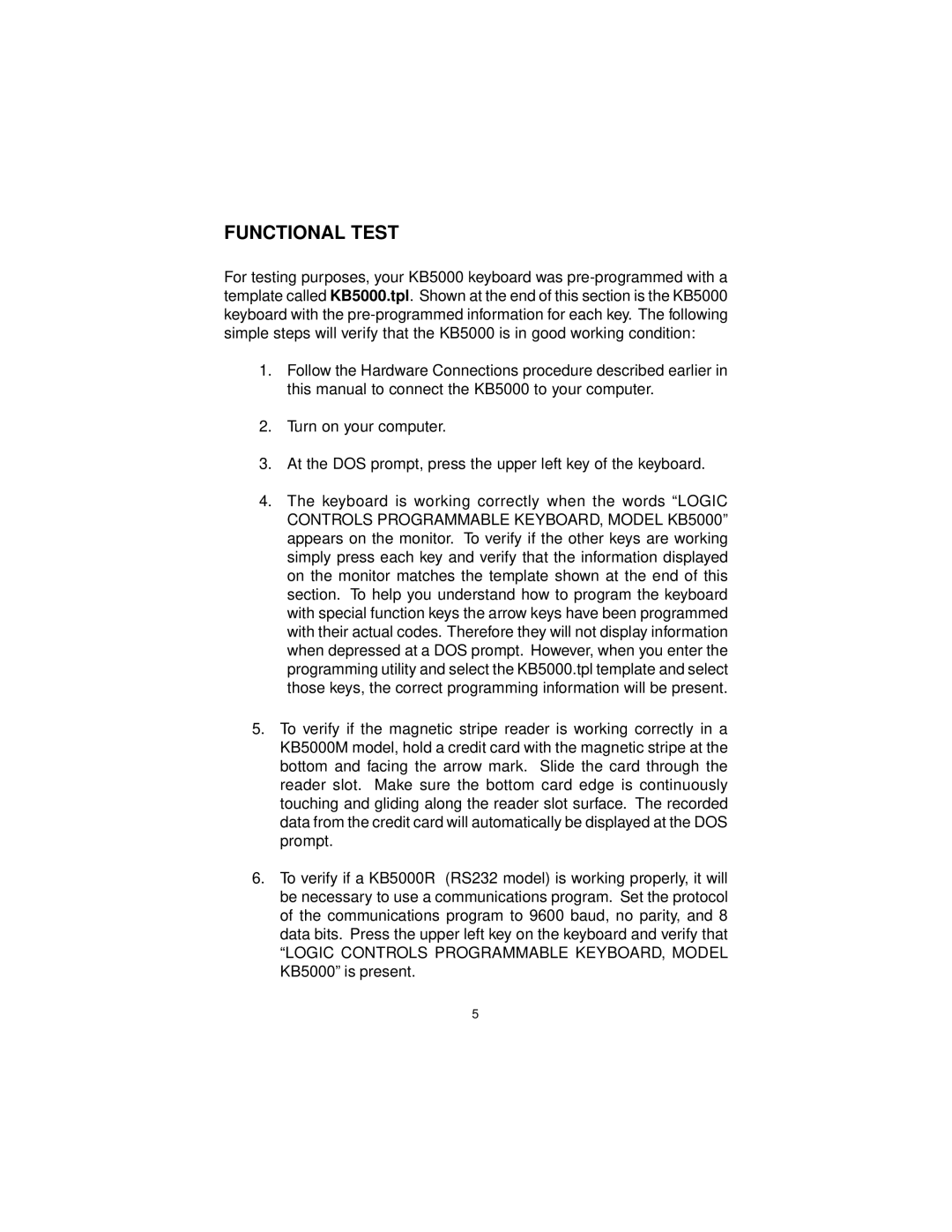 Logic Controls KB5000 user manual Functional Test 