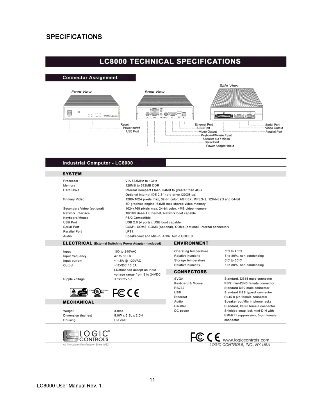 Logic Controls LC8000 user manual Specifications 