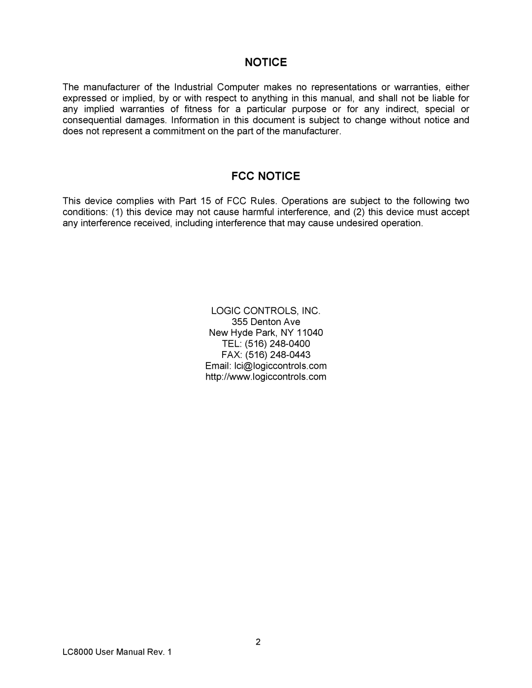 Logic Controls LC8000 user manual FCC Notice 