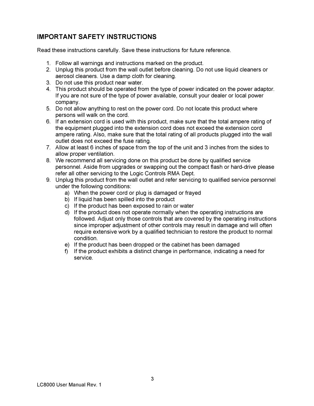 Logic Controls LC8000 user manual Important Safety Instructions 