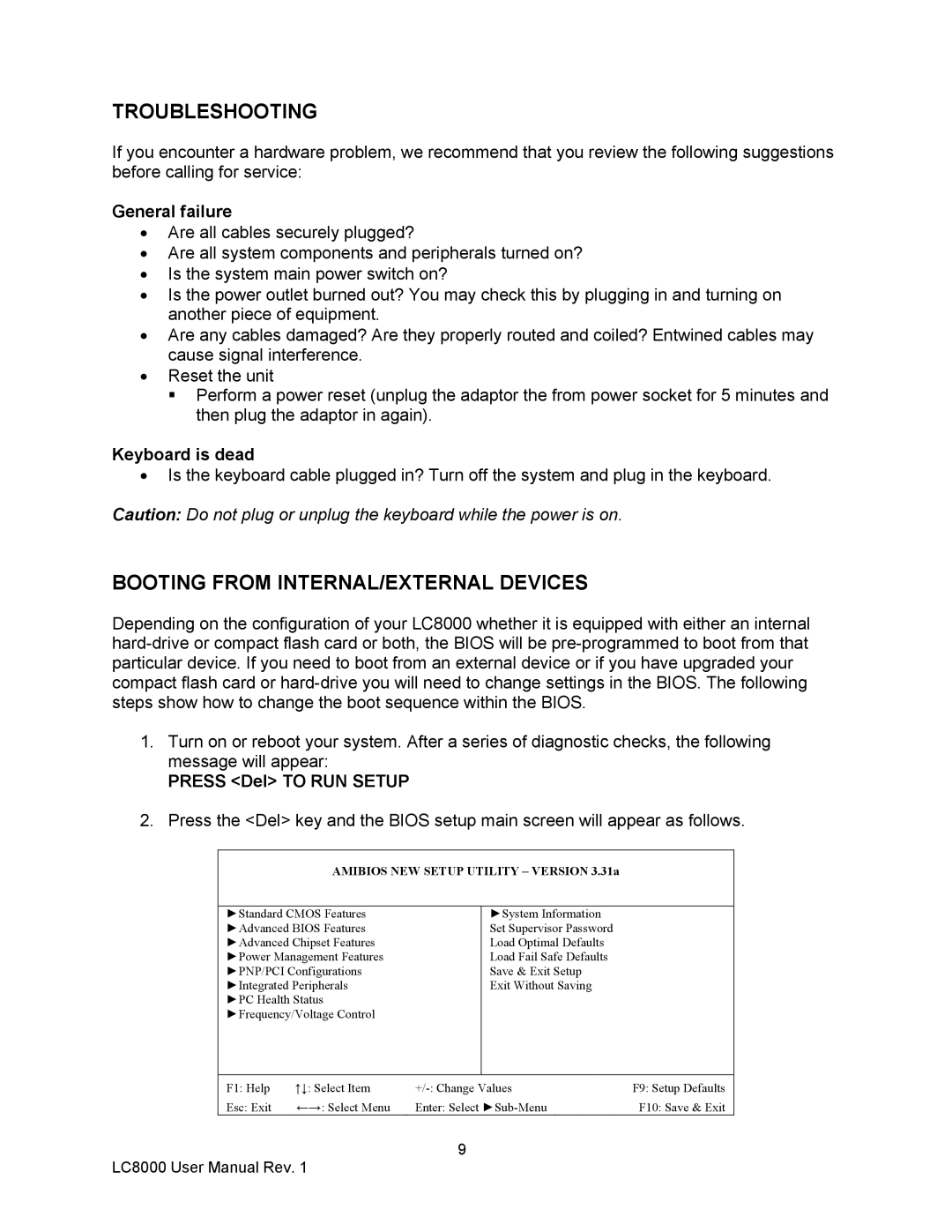 Logic Controls LC8000 user manual Troubleshooting, Booting from INTERNAL/EXTERNAL Devices 