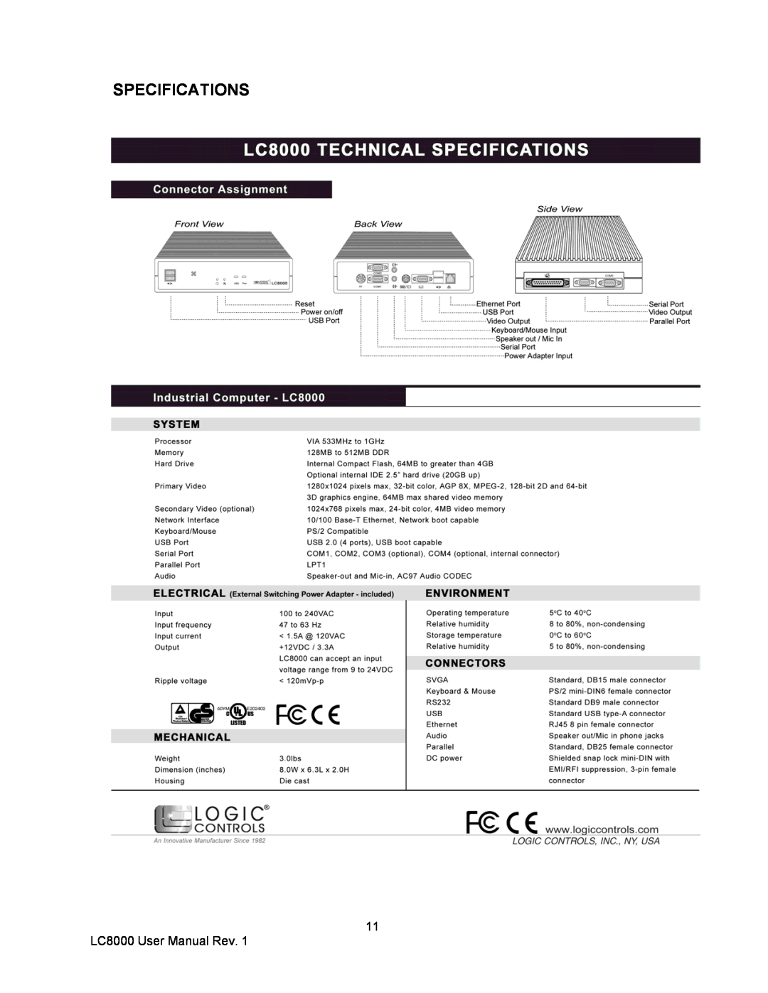 Logic Controls user manual Specifications, LC8000 User Manual Rev 