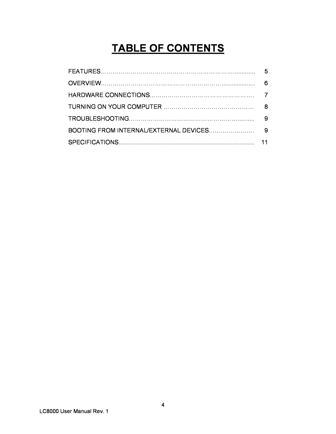 Logic Controls LC8000 Table Of Contents, Features…………………………………………………………, Overview……………………………………………………, Specifications 