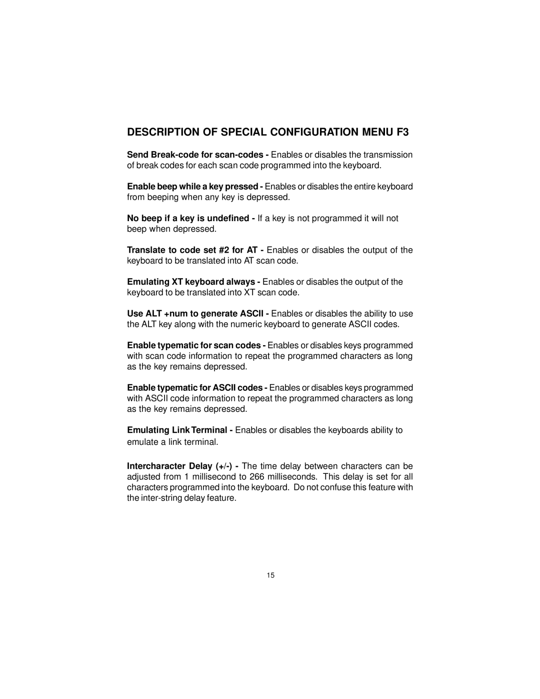 Logic Controls LK7000 user manual Description of Special Configuration Menu F3 