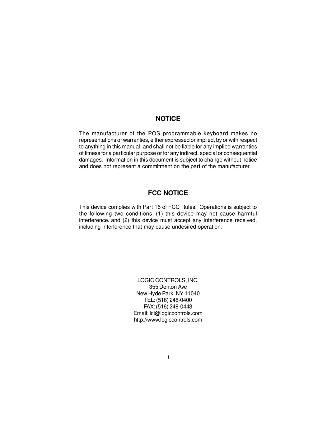 Logic Controls LK7000 user manual FCC Notice 