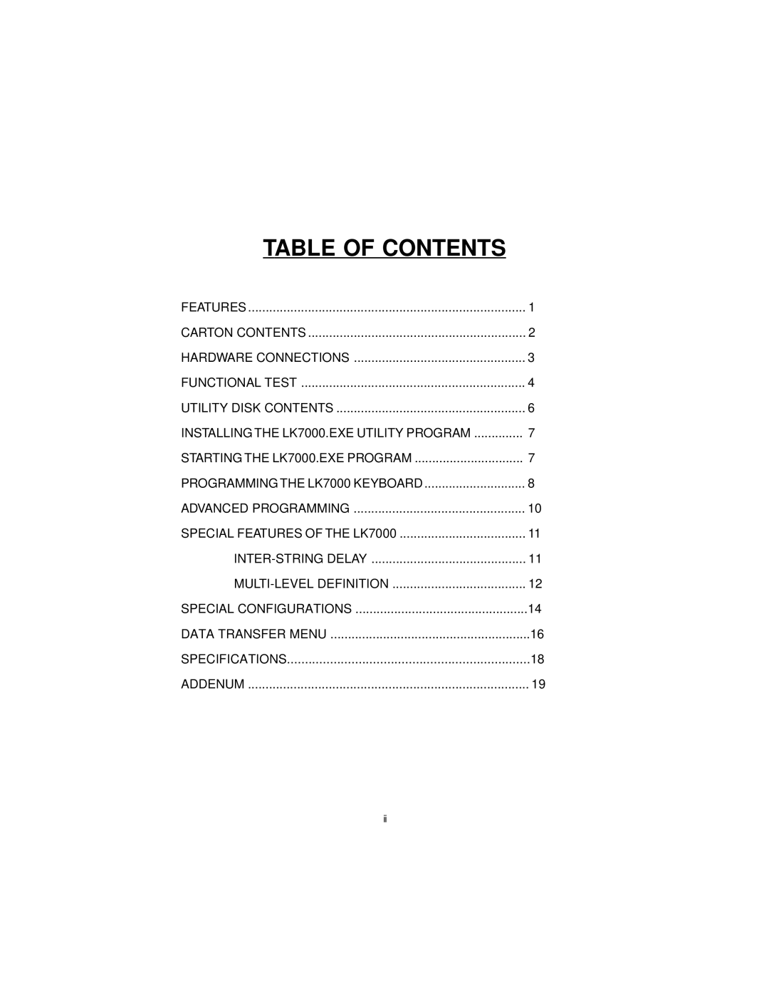 Logic Controls LK7000 user manual Table of Contents 