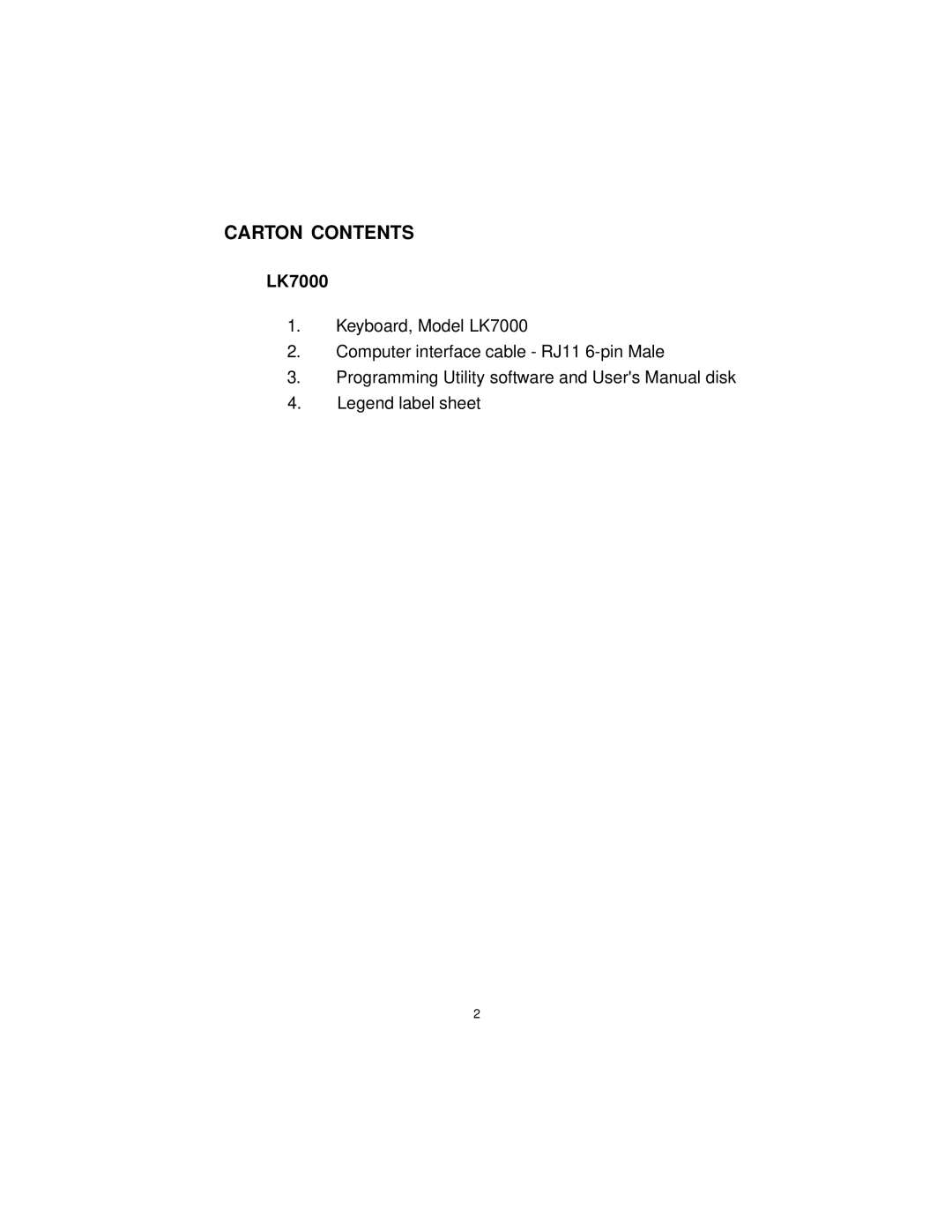 Logic Controls LK7000 user manual Carton Contents 