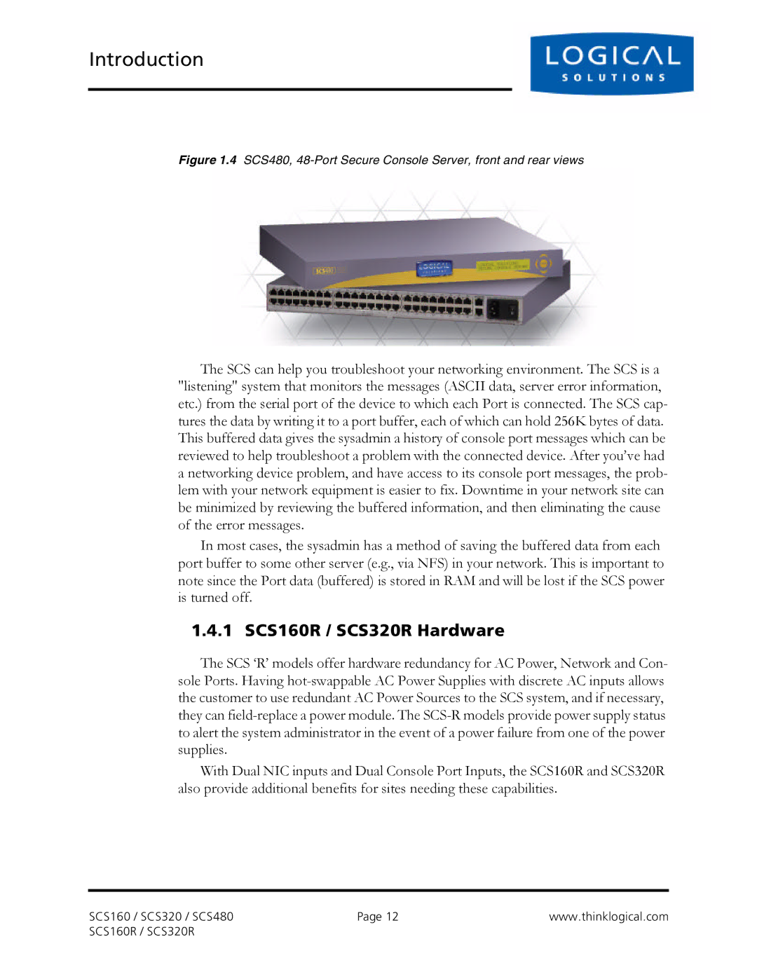 Logical Solutions SCS-R manual 1 SCS160R / SCS320R Hardware, SCS480, 48-Port Secure Console Server, front and rear views 