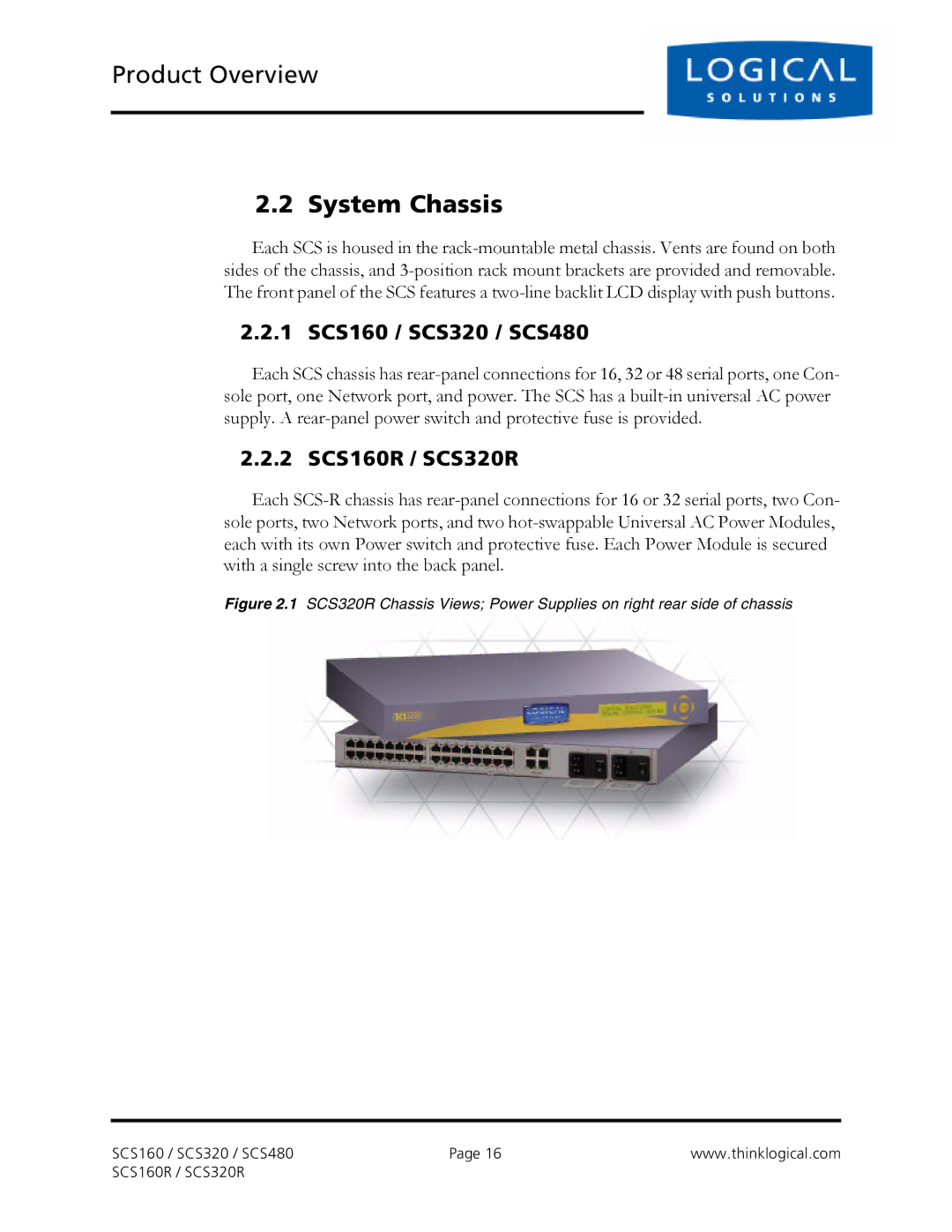 Logical Solutions SCS-R manual System Chassis, 1 SCS160 / SCS320 / SCS480, 2 SCS160R / SCS320R 