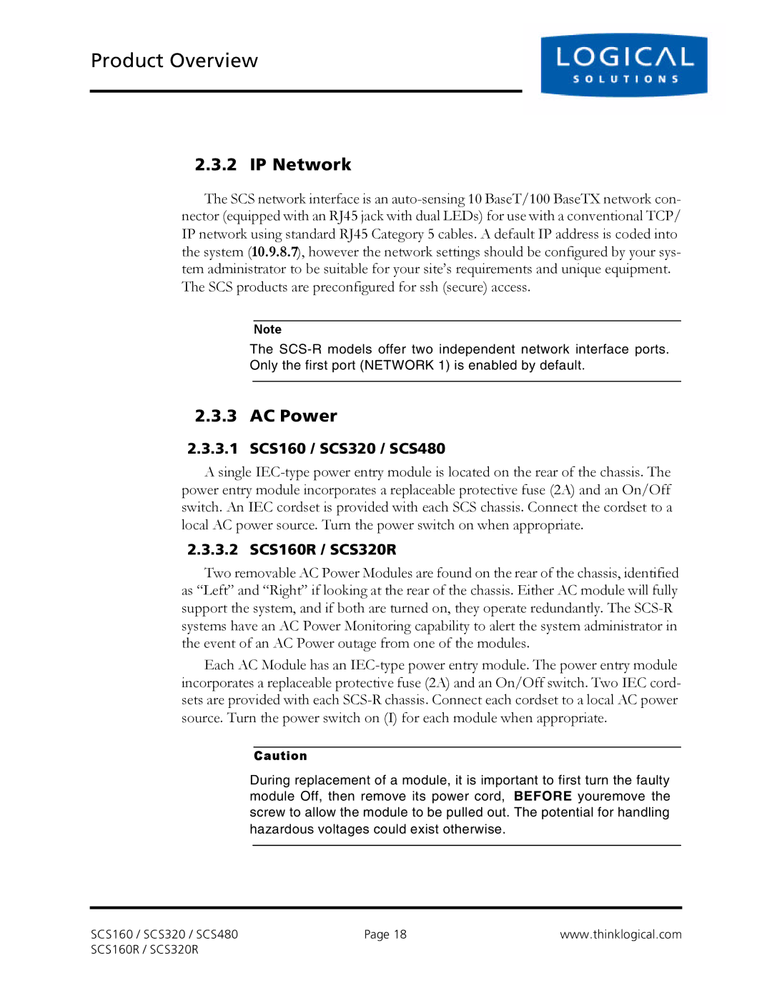 Logical Solutions SCS-R manual IP Network, AC Power, 3.1 SCS160 / SCS320 / SCS480, 3.2 SCS160R / SCS320R 