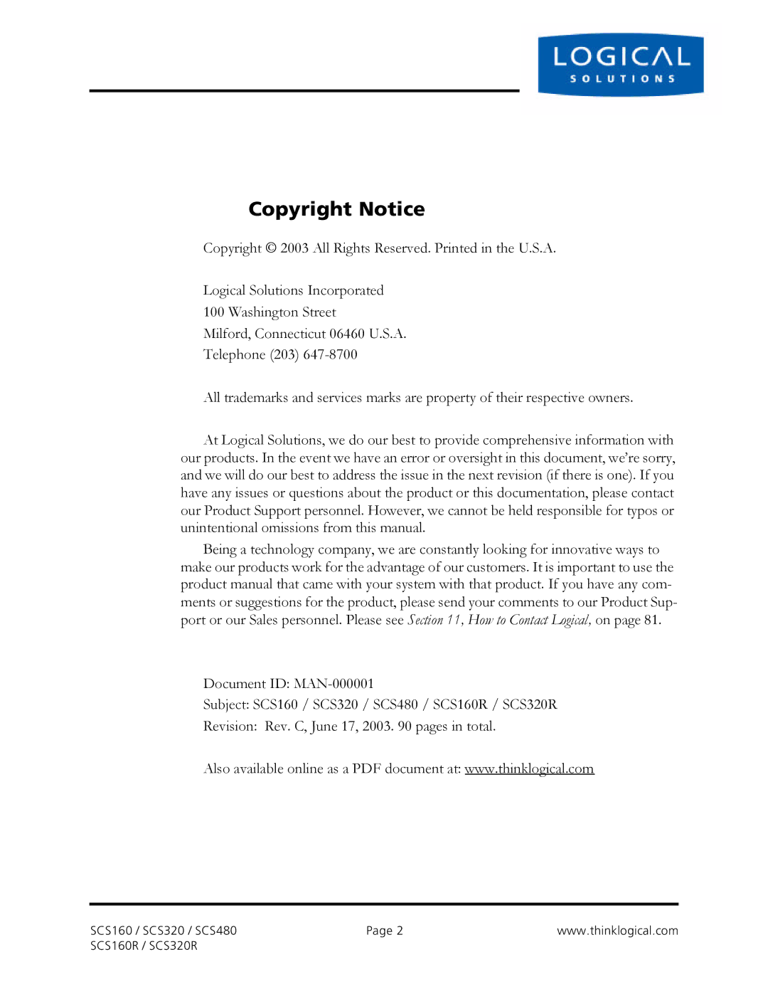 Logical Solutions SCS-R manual Copyright Notice 