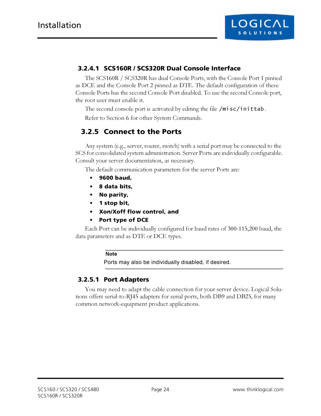 Logical Solutions SCS-R manual Connect to the Ports, 4.1 SCS160R / SCS320R Dual Console Interface, Port Adapters 