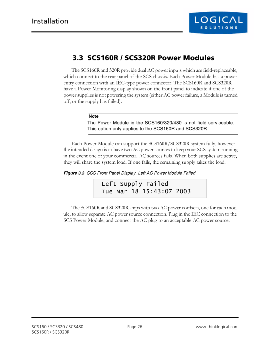 Logical Solutions SCS-R manual SCS160R / SCS320R Power Modules, Left Supply Failed Tue Mar 18 154307 