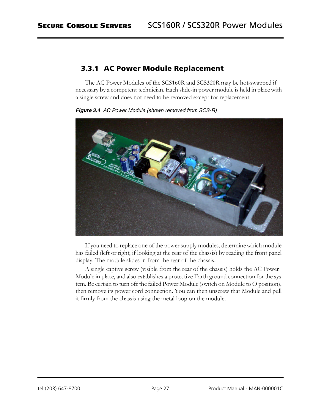 Logical Solutions SCS-R manual Secure Console Servers SCS160R / SCS320R Power Modules, AC Power Module Replacement 