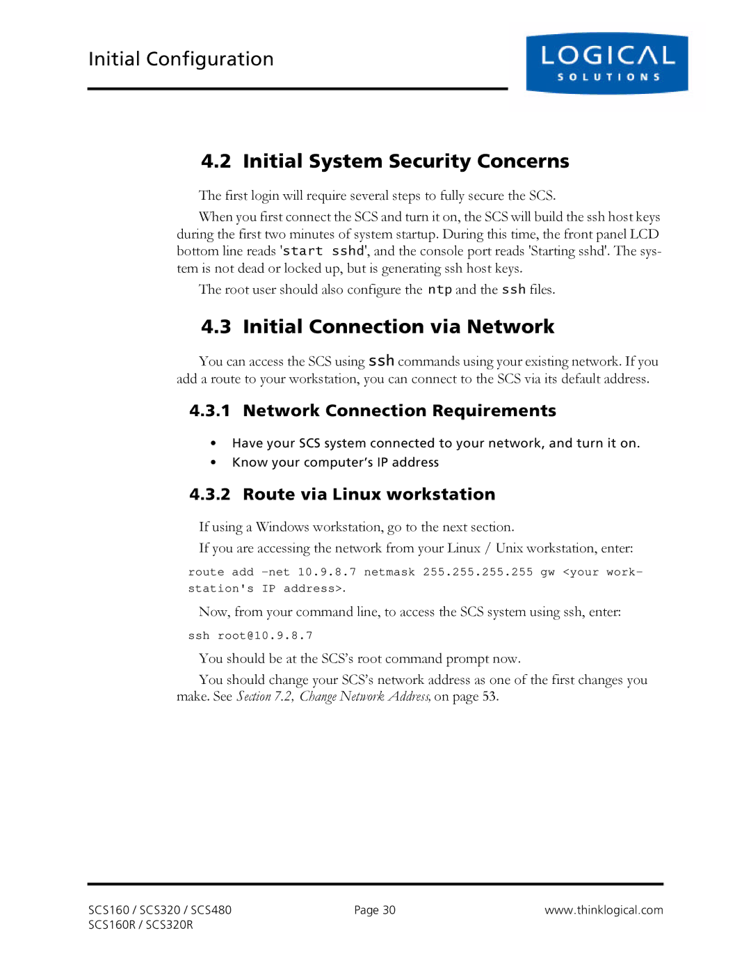 Logical Solutions SCS-R Initial System Security Concerns, Initial Connection via Network, Network Connection Requirements 