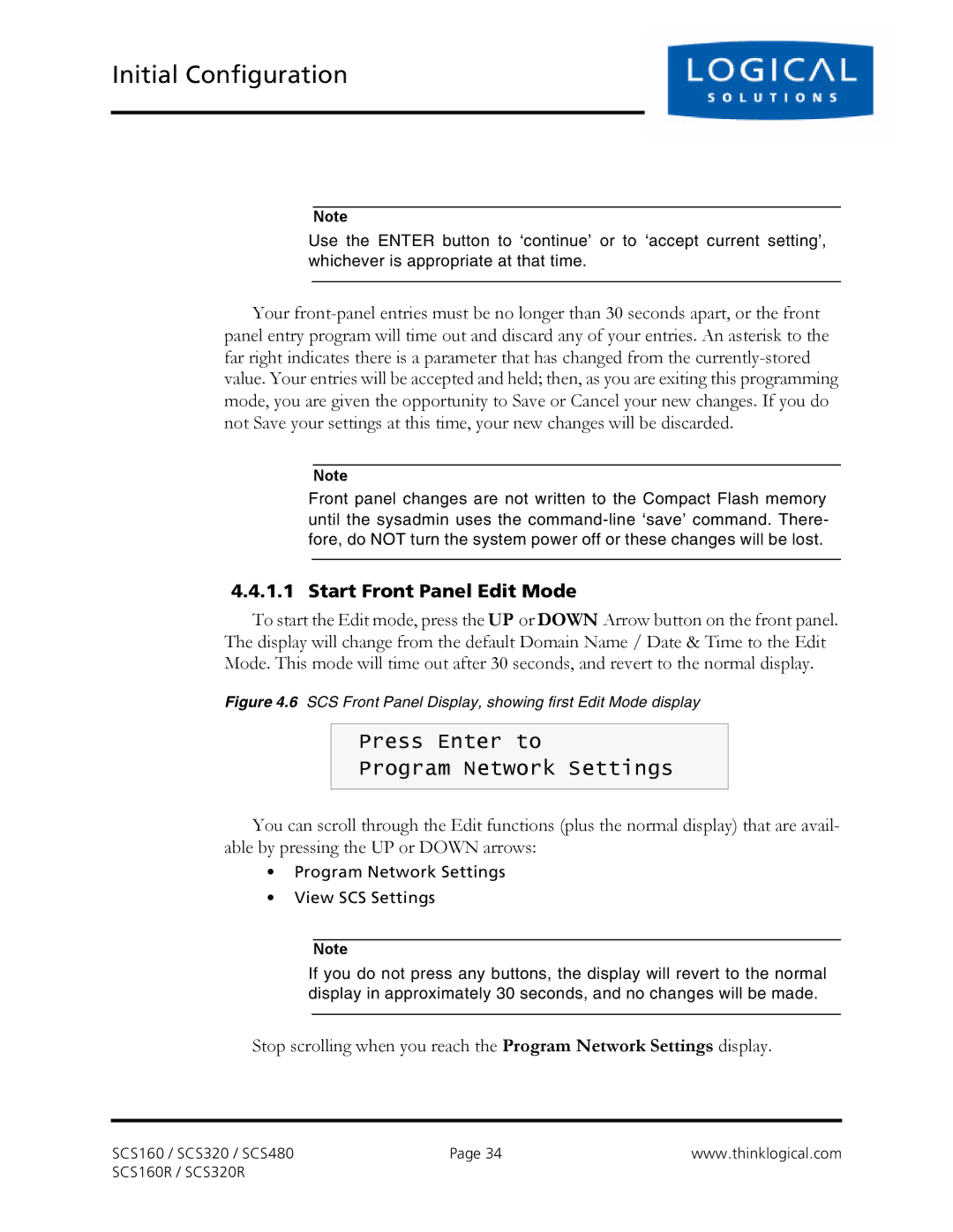 Logical Solutions SCS-R manual Start Front Panel Edit Mode, SCS Front Panel Display, showing first Edit Mode display 