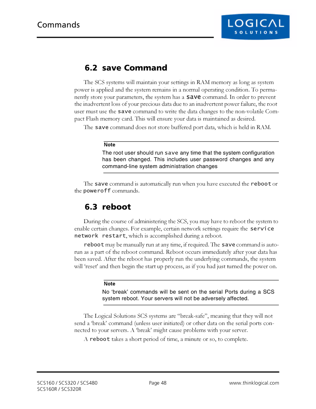 Logical Solutions SCS-R manual Save Command, Reboot 