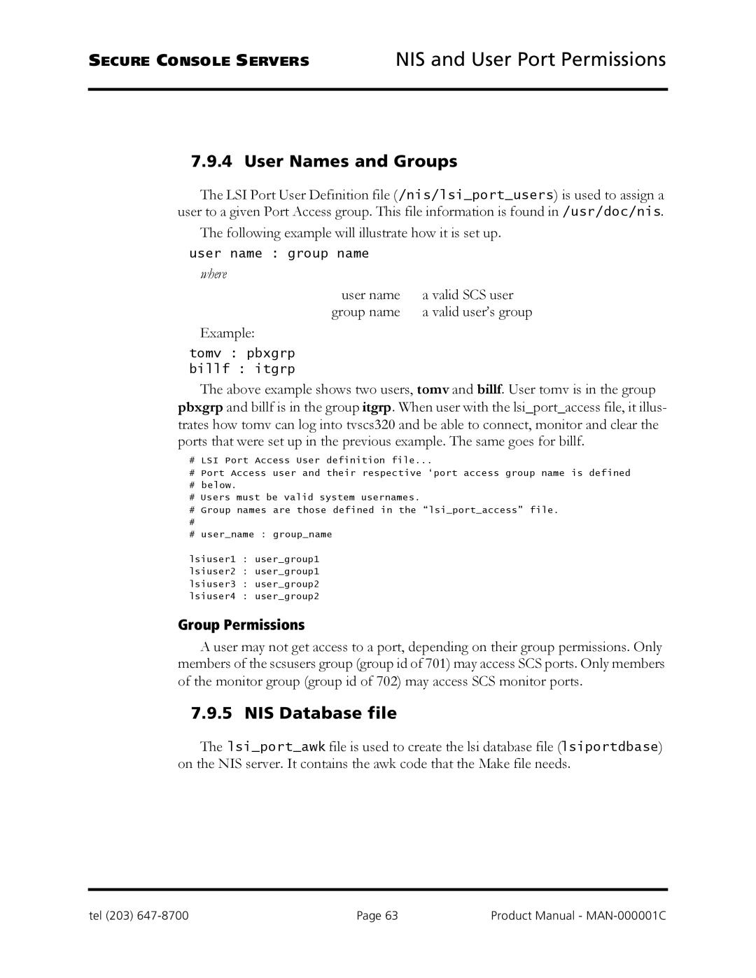 Logical Solutions SCS-R manual User Names and Groups, NIS Database file, Group Permissions 