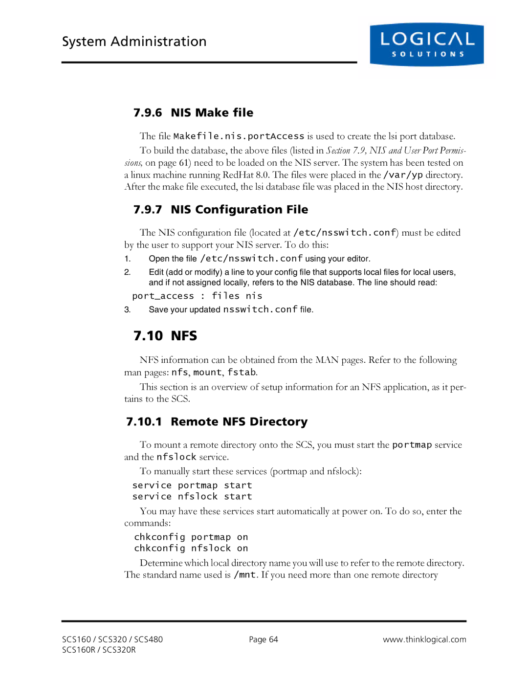 Logical Solutions SCS-R manual 10 NFS, NIS Make file, NIS Configuration File, Remote NFS Directory 