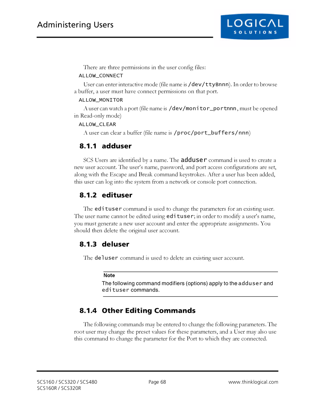 Logical Solutions SCS-R manual Adduser, Edituser, Deluser, Other Editing Commands 