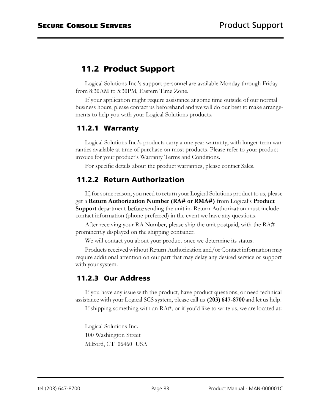 Logical Solutions SCS-R manual Product Support, Warranty, Return Authorization, Our Address 