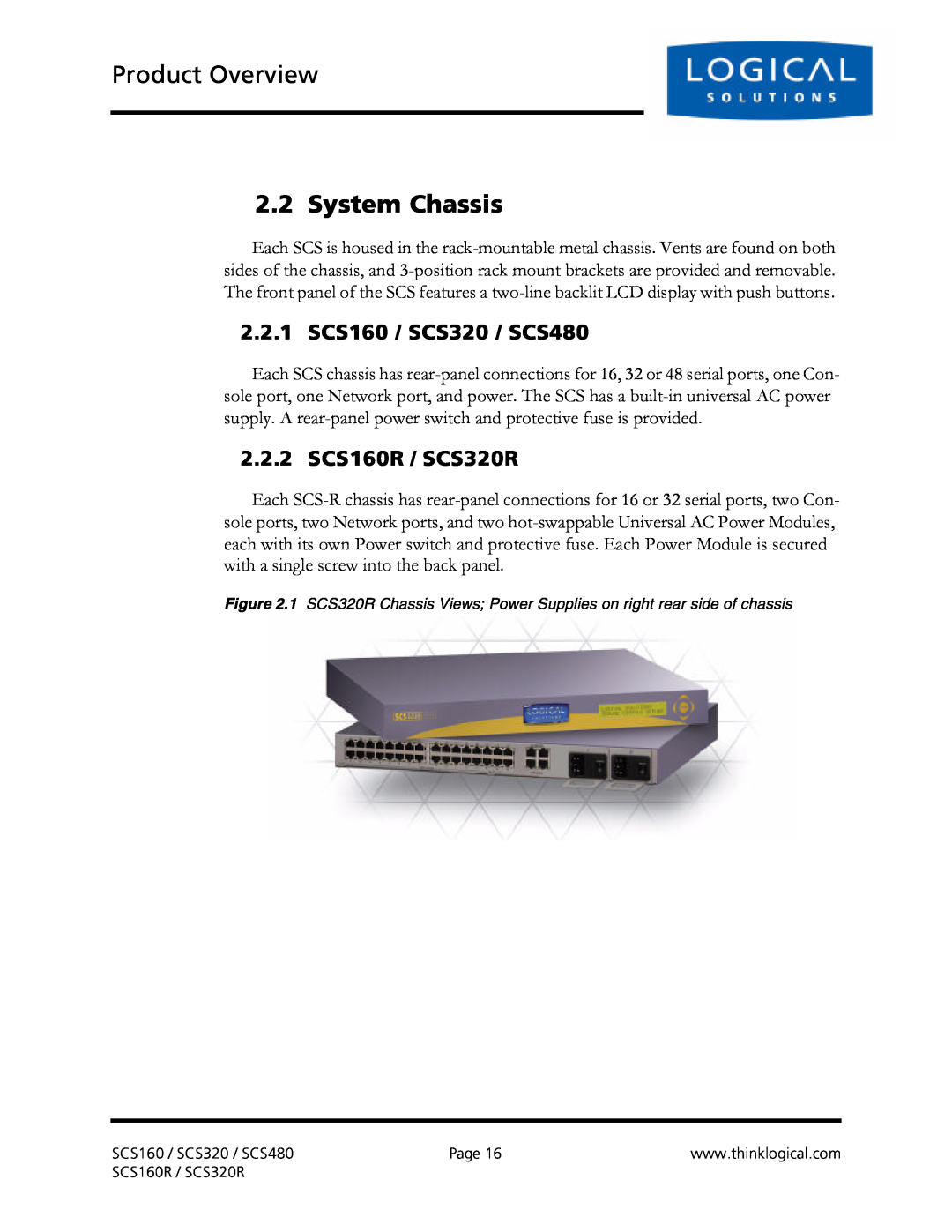 Logical Solutions SCS-R manual Product Overview, System Chassis, 2.2.1 SCS160 / SCS320 / SCS480, 2.2.2 SCS160R / SCS320R 