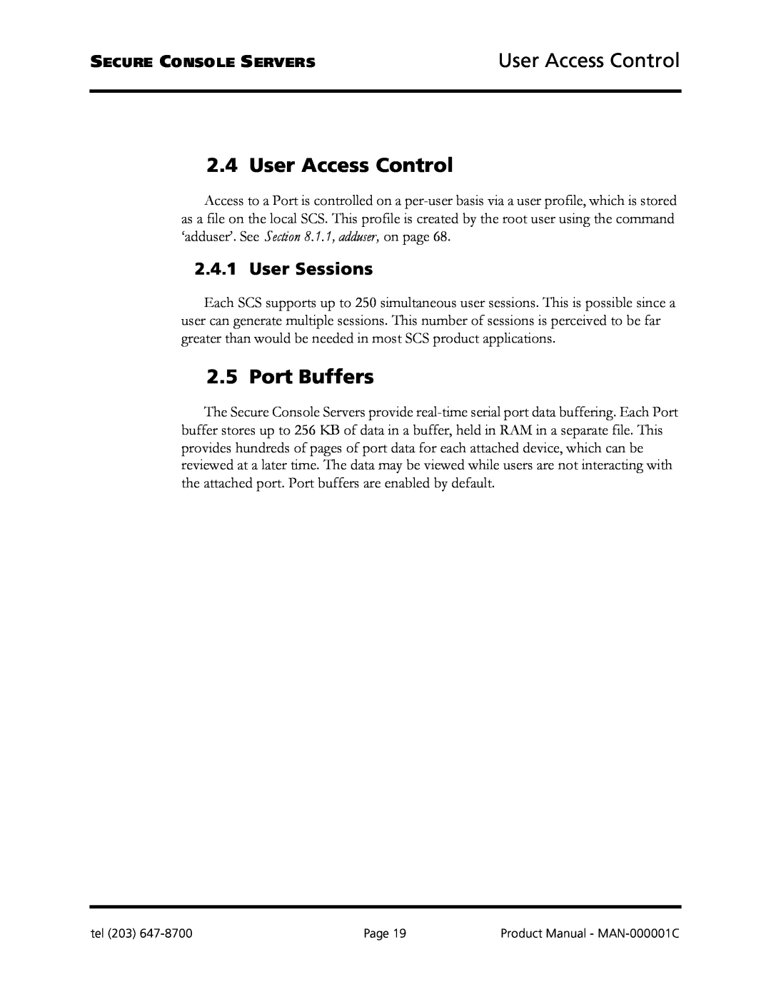 Logical Solutions SCS-R manual User Access Control, Port Buffers, User Sessions 