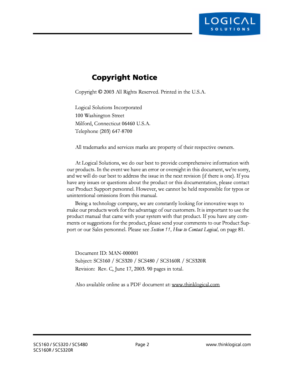 Logical Solutions SCS-R manual Copyright Notice 