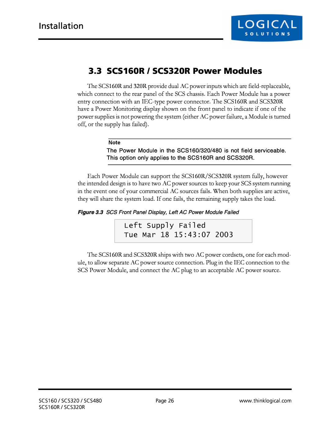 Logical Solutions SCS-R manual 3.3 SCS160R / SCS320R Power Modules, Left Supply Failed Tue Mar 18 154307, Installation 