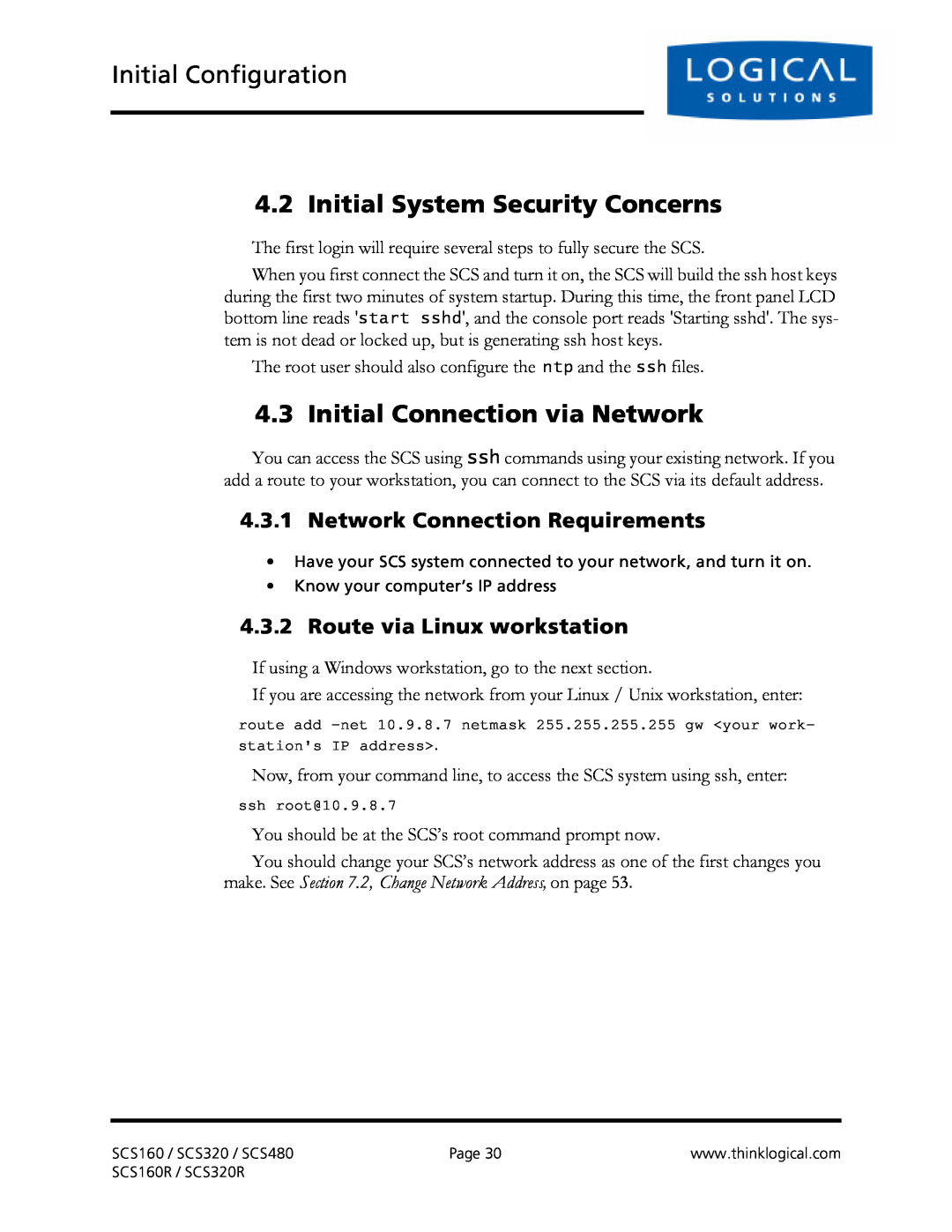 Logical Solutions SCS-R manual Initial Configuration, Initial System Security Concerns, Initial Connection via Network 