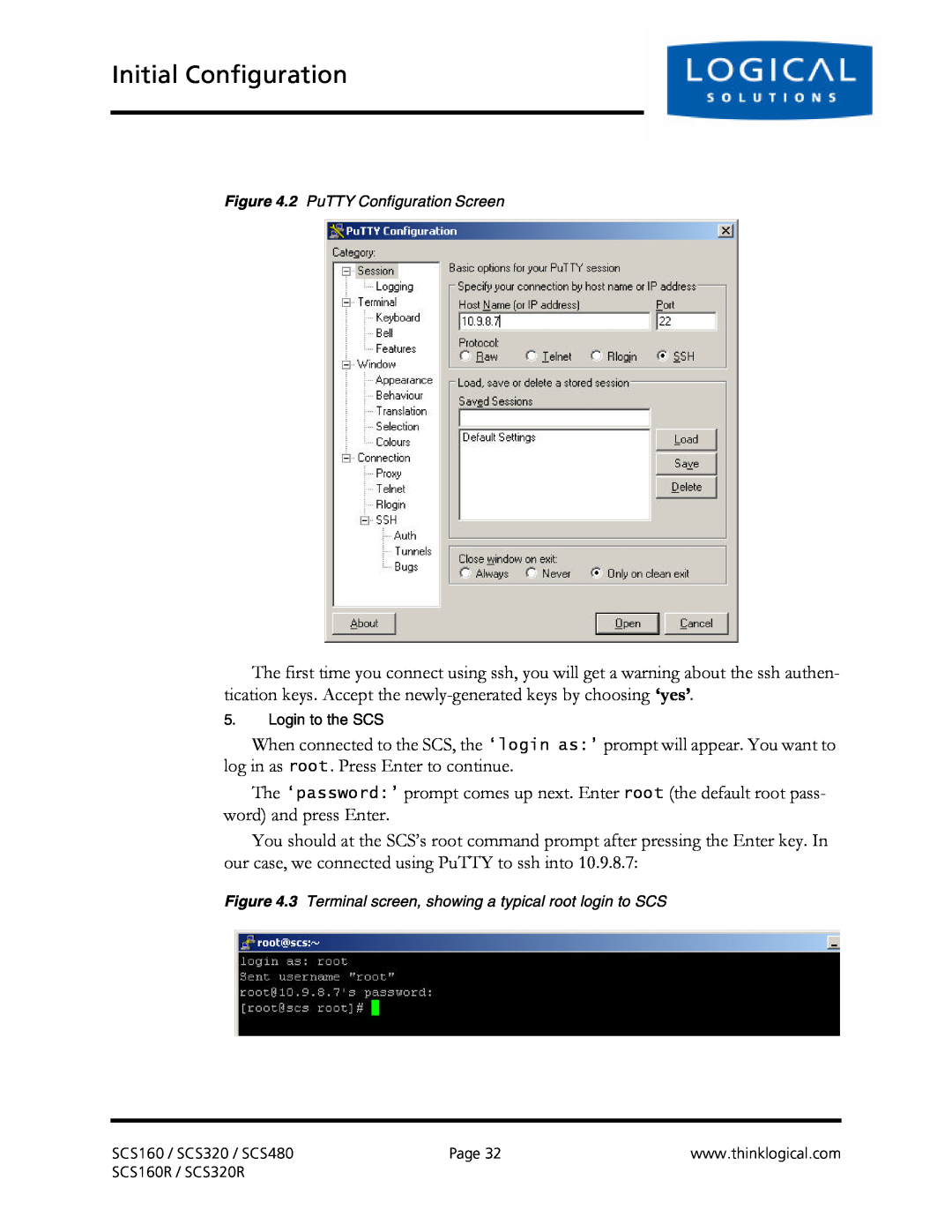 Logical Solutions SCS-R manual Initial Configuration, 2 PuTTY Configuration Screen, Login to the SCS 