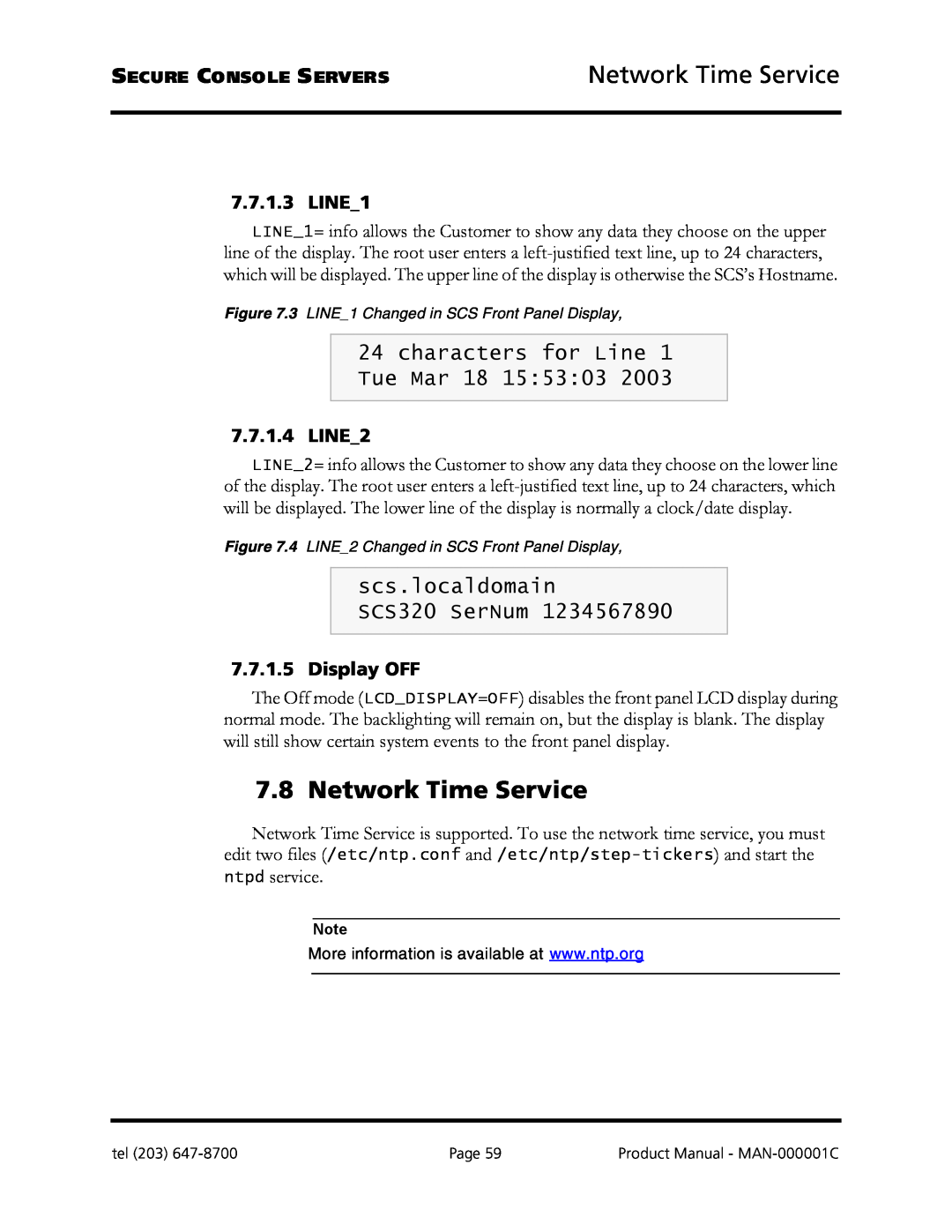 Logical Solutions Network Time Service, scs.localdomain SCS320 SerNum, characters for Line 1 Tue Mar 18 155303, LINE1 
