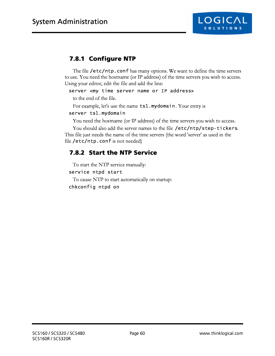 Logical Solutions SCS-R manual Configure NTP, Start the NTP Service, System Administration 
