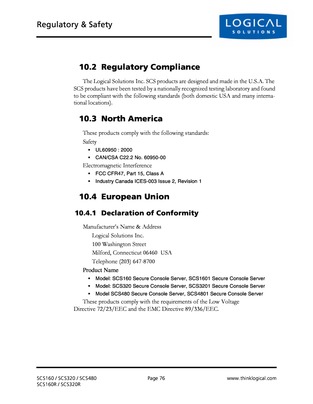 Logical Solutions SCS-R manual Regulatory & Safety, Regulatory Compliance, North America, European Union 
