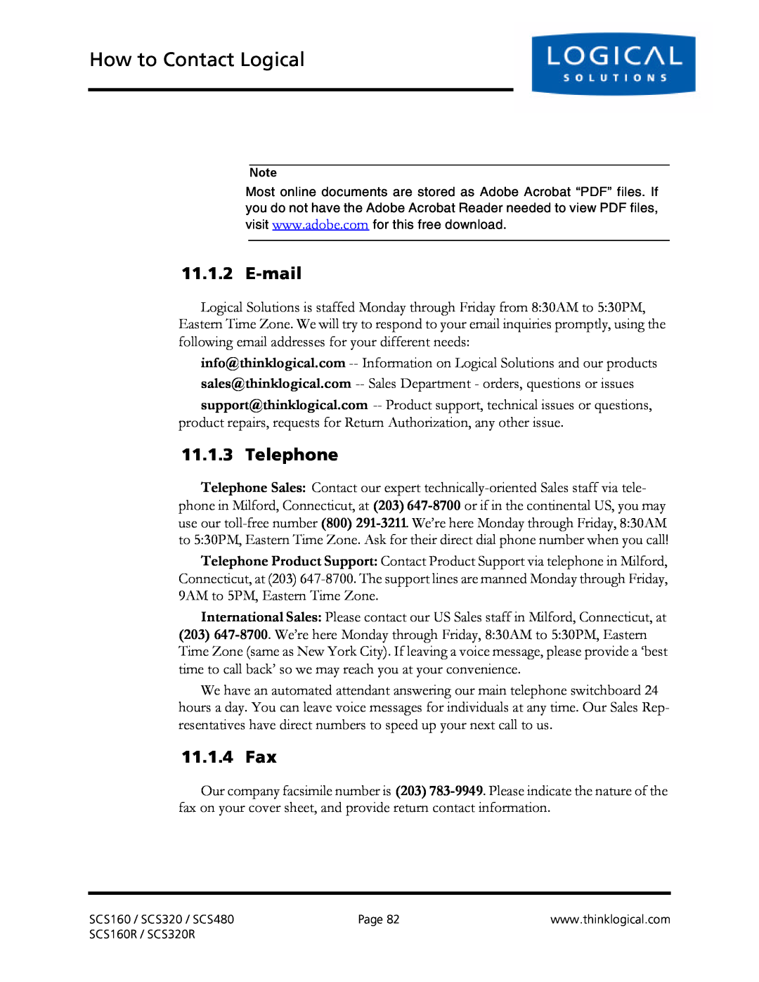 Logical Solutions SCS-R manual How to Contact Logical, E-mail, Telephone, 11.1.4 Fax 