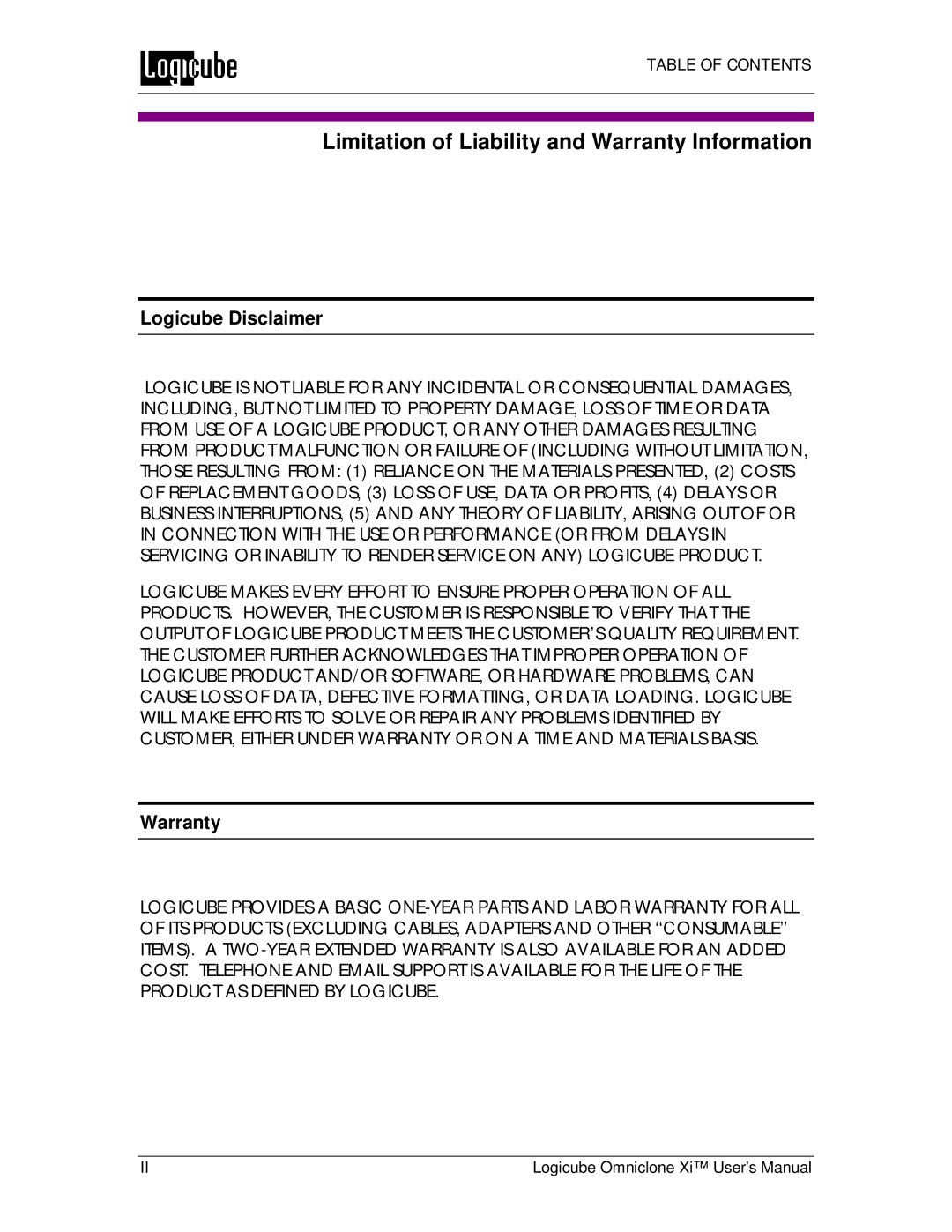 Logicube Omniclone Xi user manual Limitation of Liability and Warranty Information, Logicube Disclaimer 