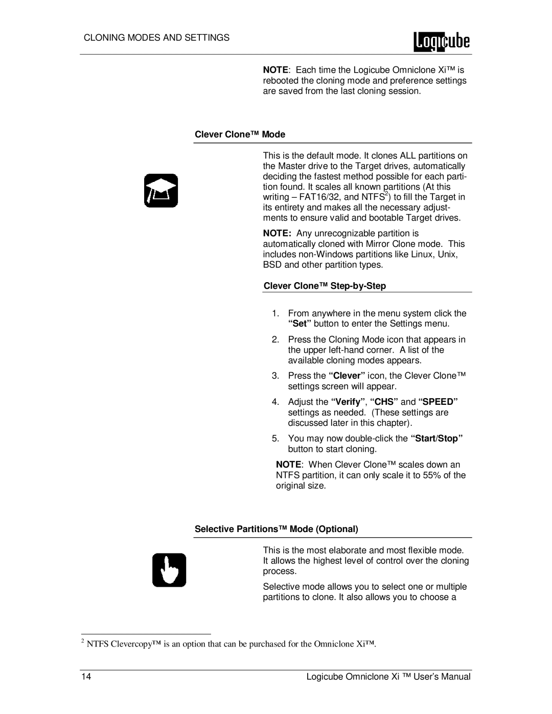 Logicube Omniclone Xi user manual Clever Clone Mode, Clever Clone Step-by-Step, Selective Partitions Mode Optional 