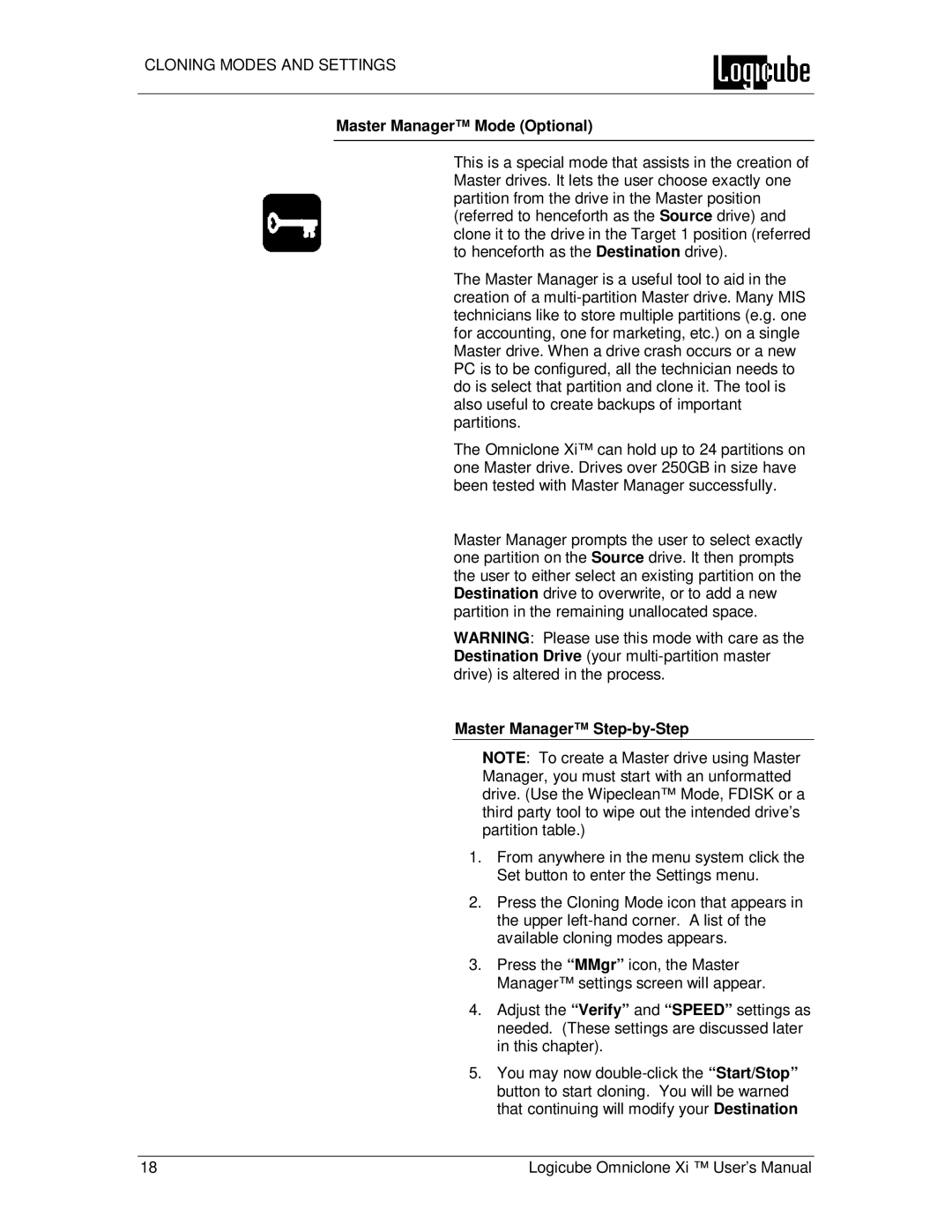 Logicube Omniclone Xi user manual Master Manager Mode Optional, Master Manager Step-by-Step 