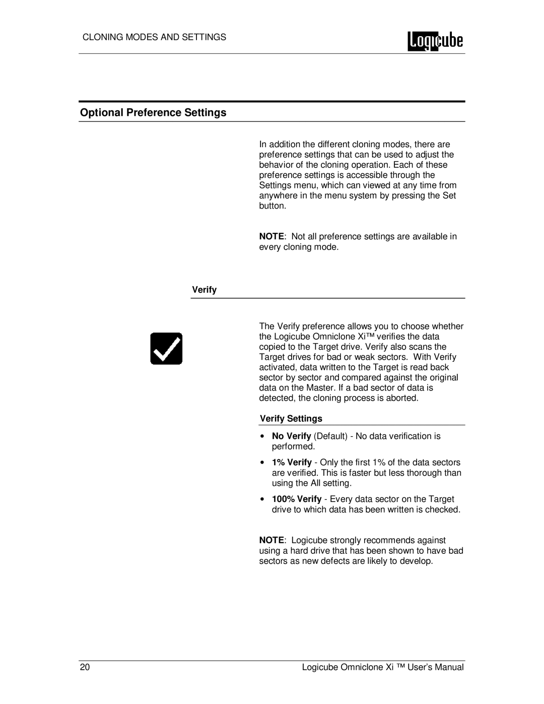 Logicube Omniclone Xi user manual Optional Preference Settings, Verify Settings 