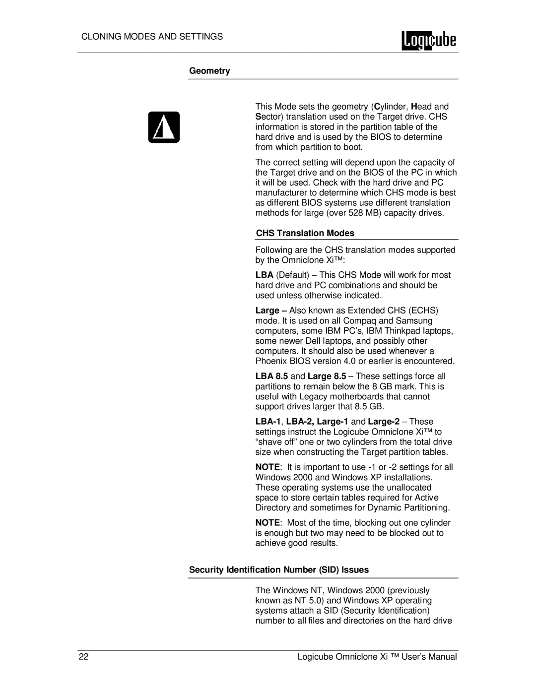 Logicube Omniclone Xi user manual Geometry, CHS Translation Modes 