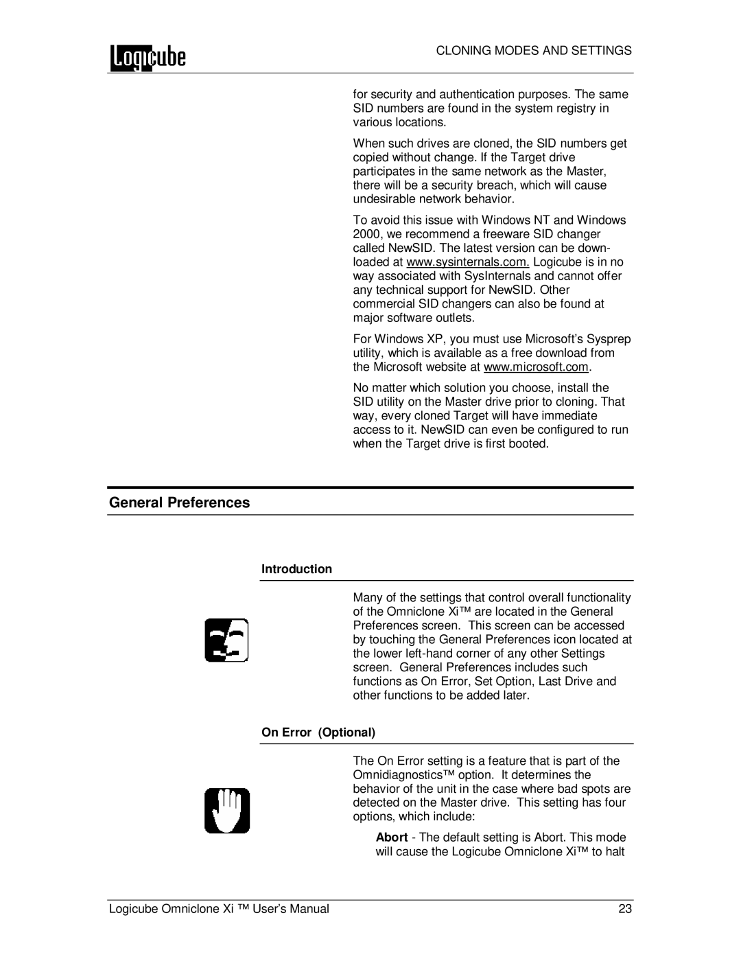 Logicube Omniclone Xi user manual General Preferences, Introduction, On Error Optional 