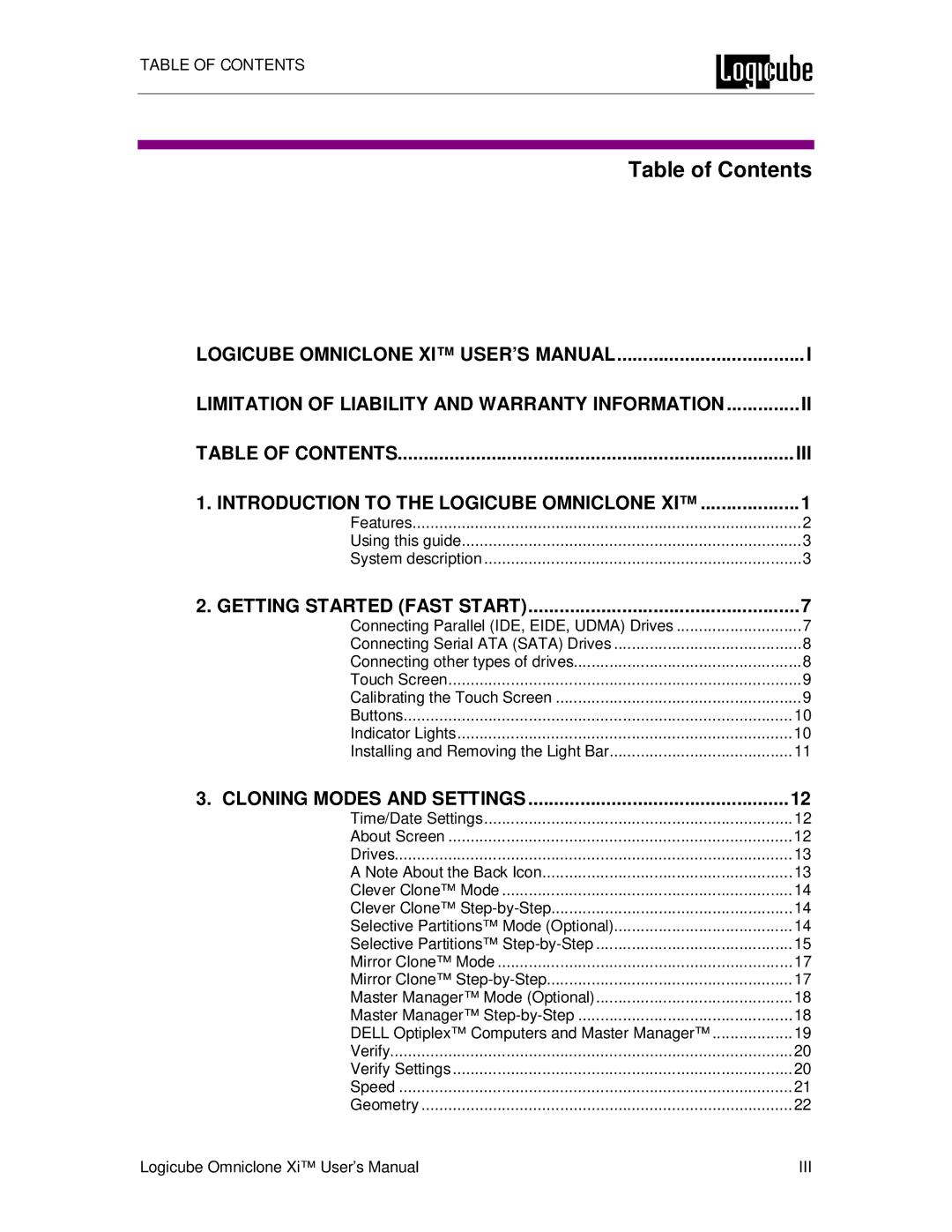 Logicube Omniclone Xi user manual Table of Contents 